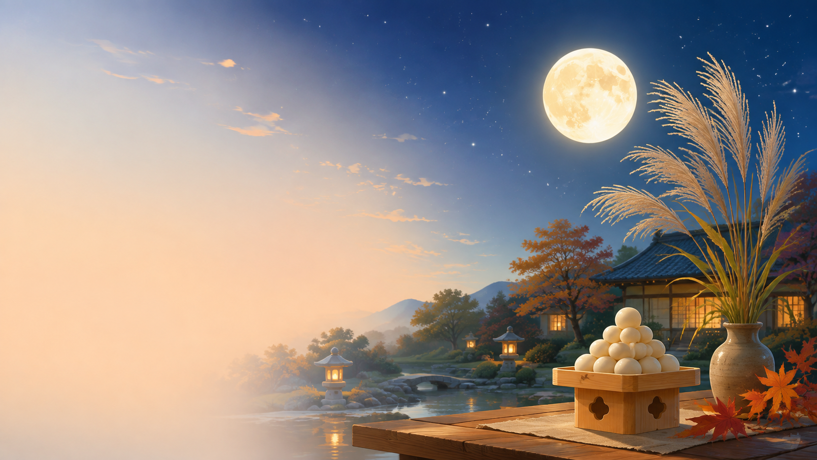 月見団子と秋の夜空を描いた、2026年の月見日程を考えるためのオリジナルイラスト